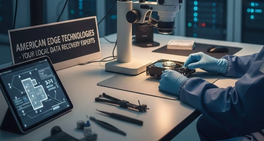 A professional data recovery workspace at American Edge Technologies featuring a disassembled hard drive under a digital microscope, specialized precision tools, and a monitor displaying recovery software in a clean, high-tech lab setting.